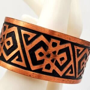 Solid Copper Cuff Bracelet Black Stamped Tribal Boho Style Cuff Vintage Bangle